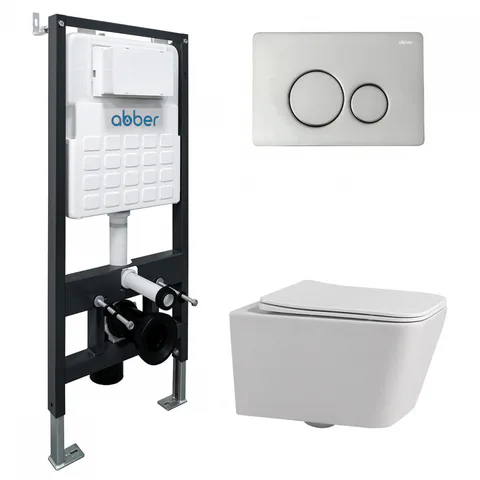 Комплект подвесной унитаз ABBER Rechteck AC1201 белый с инсталляцией AC0105 и кнопкой AC0121 хром