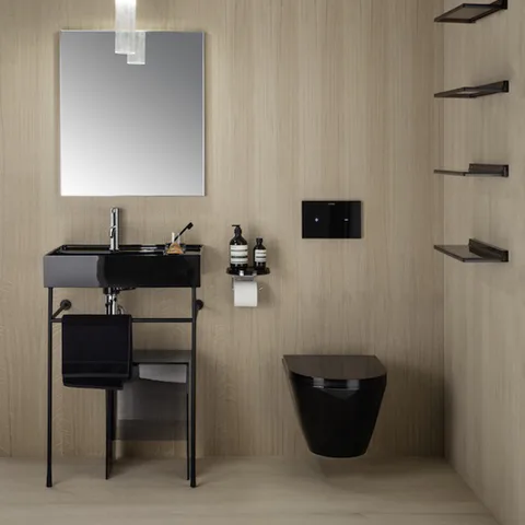 Laufen Kartell Раковина 600х460х120мм без перелива, с 1 отв. под смеситель, со скр сливом, полка справа, цвет: черный глянцевый