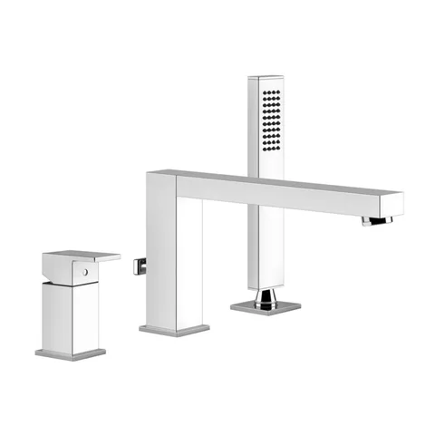 Gessi Rettangolo Смеситель для ванны на 3 отверстия, с переключателем, изливом 195мм и ручным душем, цвет: хром