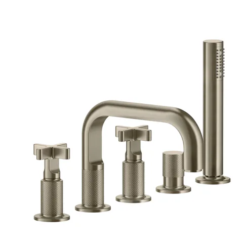 GESSI INCISO Смеситель для ванны на 5 отверстий с изливом, переключателем, ручным душем и шлангом 1,50 м, цвет: Finox Brushed Nickel