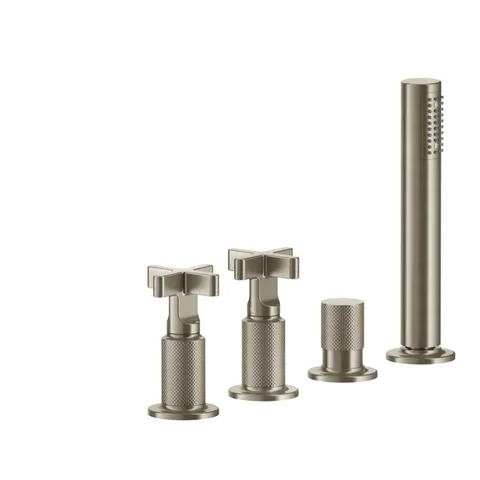 GESSI INCISO Смеситель для ванны на 4 отверстия для наполнения через слив-перелив, переключатель, с ручным душем, цвет: Finox Brushed Nickel