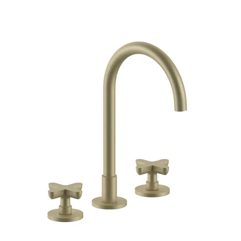 Fantini Icona Classic Смеситель для раковины, 3 отв., с нажимн. донным клапаном, излив 160мм, цвет: Matt British Gold PVD