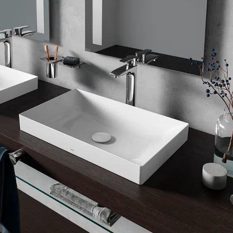 TOTO TR Раковина 600x380x137(70) мм, полувстр, без отв. под смесит, с переливом, CeFiONtect, LinearCeram цвет: белый (без арматуры слива)