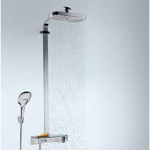 HG Raindance Select E Душевая система Showerpipe: верх.душ 300 2jet, ручн.душ, шланг, термостат с полочкой, цвет: белый/хром