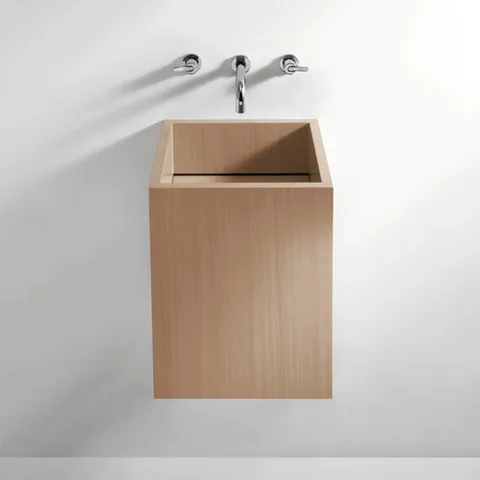 Agape Cube Раковина подвесная 40x40x50 см, с полированным сливом, квадратная, без отв., цвет: натуральный дуб