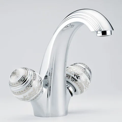 THG MARQUISE BLANC DECOR PLATINE Смеситель для раковины на 1 отверстие, с донным клапаном, ручки белые, декор платина, цвет хром