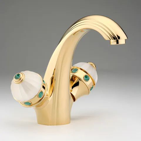 THG AMBOISE MALACHITE Смеситель для раковины на 1 отверстие, с донным клапаном, вставки малахит, цвет полированное золото