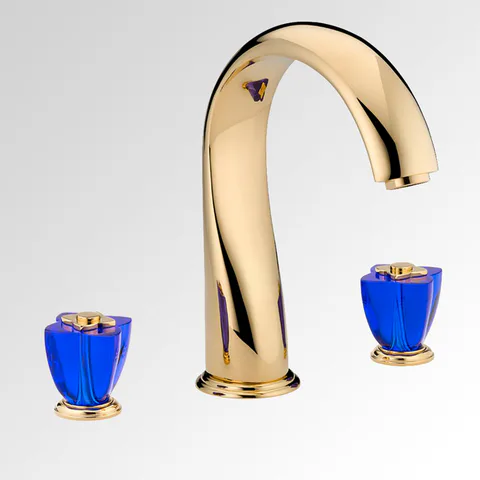 THG PETALE DE CRISTAL BLEU Смеситель на борт ванны на 3 отверстия, без ручного душа, стекло синее, цвет полированное золото