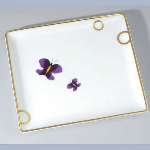 THG CAPUCINE MAUVE DECOR OR Поднос керамический 171х154 мм., настольный, middle size, декор золото/лиловый, цвет белый