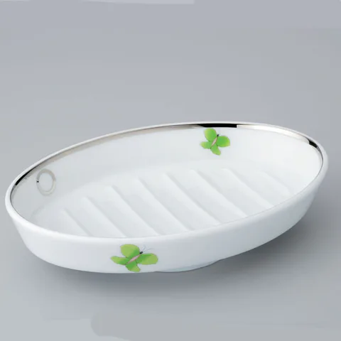 THG CAPUCINE VERT DECOR PLATINE Мыльница керамическая, настольная, декор платина/зеленый, цвет белый