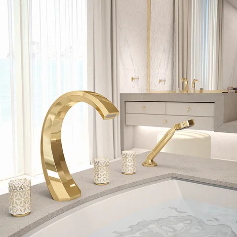 THG NIHAL PORCELAINE IVOIRE Смеситель на борт ванны, на 5 отверстий, двойной, с ручным душем, цвет Soft gold