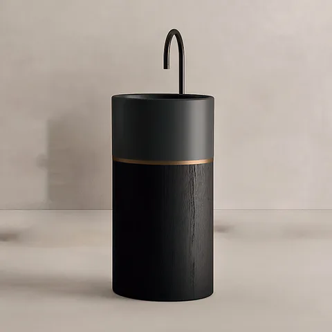 NOORTH milldue edition ROMA I Раковина напольная &Oslash;450x880 мм., слив в пол, с сифоном  c д/к, корпус Rovere nero, вставка Oro, раковина Nero opaco