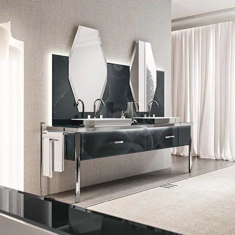 VITAGE milldue edition HILTON Тумба под 2 раковины 2266х566х770 мм, 2 бок стенки с ножками, 2 ящика, фурнитура полир сталь, отделка стекло onice smoke