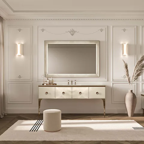 VITAGE milldue edition MAJESTIC Столешница стеклянная 1800х552х46 мм., 1 отв для раковины, 3 отв для смесит, профиль Bronzo, отделка стекло Onice gold