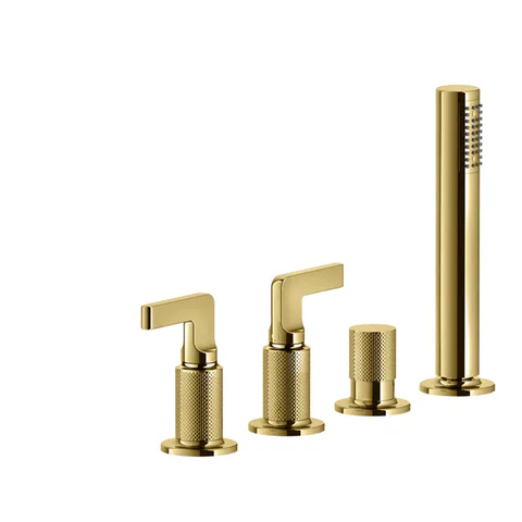 GESSI INCISO Смеситель для ванны на 4 отверстия для наполнения через слив-перелив, переключатель, с ручным душем, цвет: золото