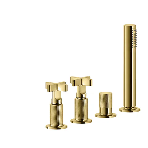 GESSI INCISO Смеситель для ванны на 4 отверстия для наполнения через слив-перелив, переключатель, с ручным душем, цвет: золото