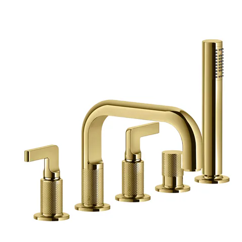 GESSI INCISO Смеситель для ванны на 5 отверстий с изливом, переключателем, ручным душем и шлангом 1,50 м, цвет: золото