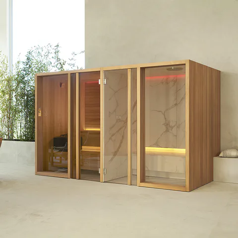 Effegibi Yoku Spa Shelf Сауна&Хаммам 444x170h217см, пристенная, цвет: сауна чёрный орех/Calacatta Gold Extra