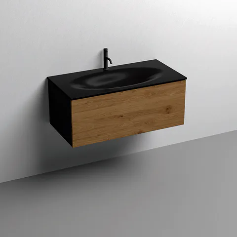 KERASAN SHAPE MOBILE База подвесная 1020х520 мм., подвесной, 1 ящик, с СИФОНОМ 936101, боковины черные/фронт дуб