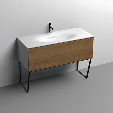 KERASAN SHAPE MOBILE База подвесная 1220х520 мм., напольный, 1 ящик, боковины белые, ножки черные матовые, фронт дуб
