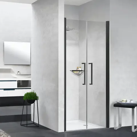 NOVELLINI YOUNG Дверь для душа 870-910х2000 мм., распашная, двухстворчатая, открывание внутрь и наружу, профиль черный матовый, стекло прозрачное