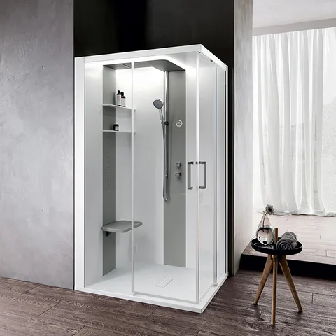 NOVELLINI SKILL A Душевая кабина 1200х1000х2175 мм., левая, Essential, поддон 125 мм., смес термос, стенки бел глянц, вставки Light grey, стекло прозр