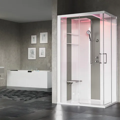 NOVELLINI SKILL A Душевая кабина 1200х900х2175 мм., левая, Essential, поддон 125 мм., смес термос, стенки бел глянц, вставки Light grey, стекло прозр