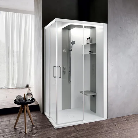 NOVELLINI SKILL A Душевая кабина 1200х1000х2175 мм., правая, Essential, поддон 125 мм., смес термос, стенки бел глянц, вставки Light grey, стекло проз