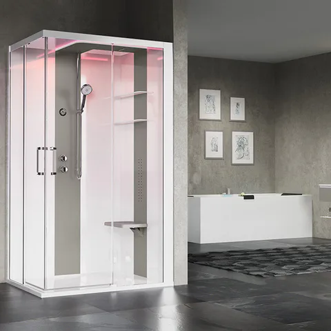 NOVELLINI SKILL A Душевая кабина 1200х900х2175 мм., правая, Essential, поддон 125 мм., смес термос, стенки бел глянц, вставки Light grey, стекло прозр