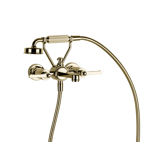 GESSI VENTI20 Смеситель для ванны настенный, двухвентильный, с ручным душем и шлангом 1500 мм., цвет Brass PVD