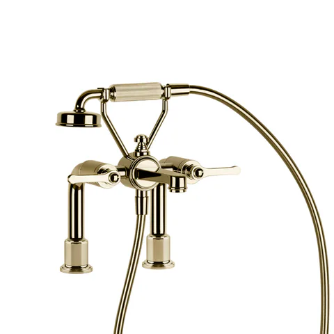 GESSI VENTI20 Смеситель для установки на борт ванны на 2 отверстия, двухвентильный, с ручным душем и шлангом 1500 мм., цвет Brass PVD