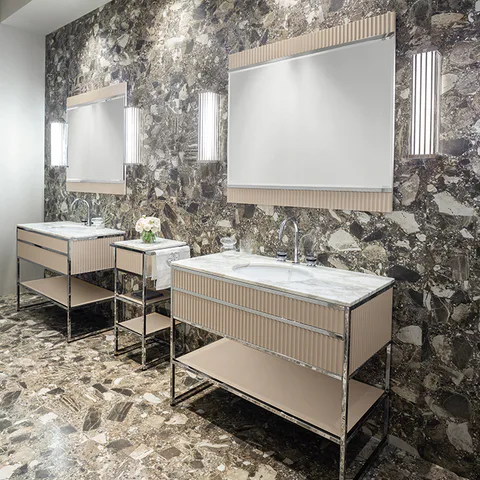 OASIS ACADEMY Консоль 350х350х1560 мм., напольная, 1 дверца левая, 1 полка, структура хром, отделка Ribbed Lino глянцевый