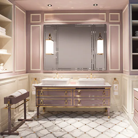 OASIS LUTETIA Консоль под 2 раковины 1800х560х770 мм., напольная, 4 ящика, фурнитура золото, цвет Malva глянцевый