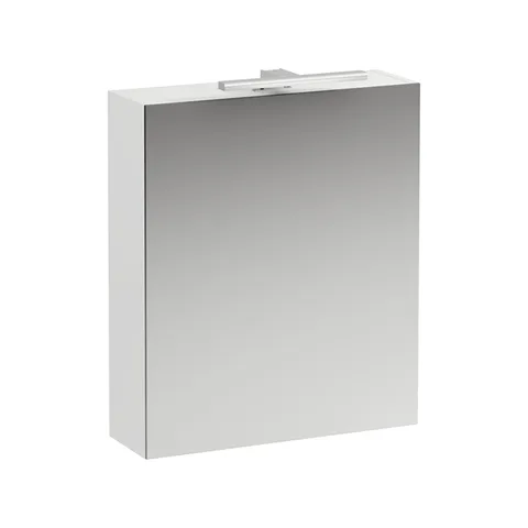 Laufen BASE шкаф зеркальный 600x185x700 мм, 1 дверца, петли справа, с гориз.элементом LED-подсв., 2 стекл. полки, 1 розетка, белый матов