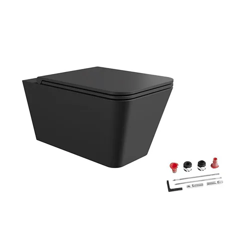 Alice Hide комплект: Унитаз Square 55х35, подвесной, безободковый, с сиденьем и крышкой с микролифтом, с набором для крепления, чёрный матовый