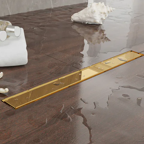 Plumberia Selection Трап душевой PS LINEAR 6x70 2устор. накладка из нерж.стали, комбинир.затвор с горизонт. Выпуском Ду 50мм,40л/мин, золото 24К