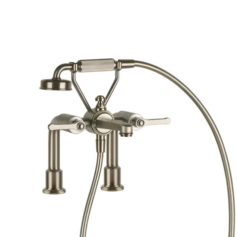GESSI VENTI20 Смеситель для установки на борт ванны на 2 отверстия, двухвентильный, с ручным душем и шлангом 1500 мм., цвет Finox Brushed Nickel