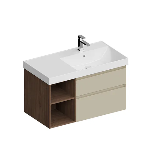 Kerama Marazzi Тумба CUBO правая подвесная с ящиками 90, лимо матовая (бежевый)- структ.орех
