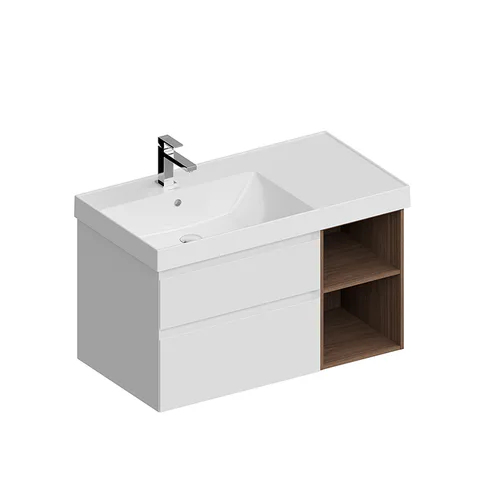Kerama Marazzi Тумба CUBO левая подвесная с ящиками 90, белая матовая-древесная
