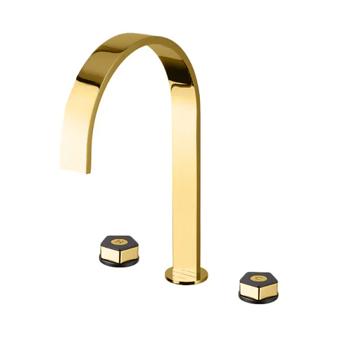 Newform ParkLE Смеситель для раковины на 3 отверстия (1/2” t piece) с высоким изливом и донным клапаном, цвет:  PVD glossy gold + черный матовый