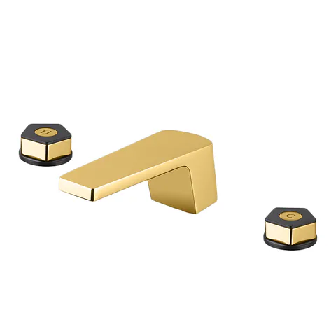 Newform ParkLE Смеситель для раковины на 3 отверстия (1/2” t piece) с коротким изливом и донным клапаном, цвет:  PVD glossy gold + черный матовый