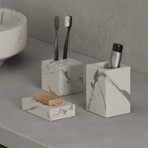 DEA DESIGN Marble Стакан из мрамора настольный с отверстиями под з/щетки h180х80х80 мм , цвет Statuario White