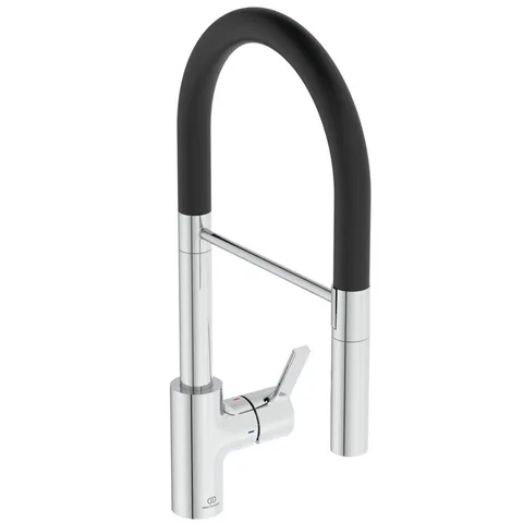 Ideal Standard Gusto Смеситель для кухни высокий с выдвижным изливом,поворотный 360°, чёрный шланг, 2 типа струи - переключение кнопка, цвет: хром