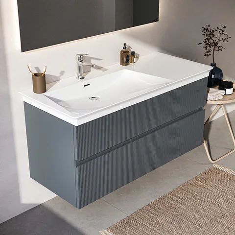 IS Finesse Тумба подвесная 120х50 см L, 2 ящика softclose,ручка-паз,без сифона EE23033967. Для раковин E2632,E2706,E2697 Ribbed Matt ashblue Lacquered