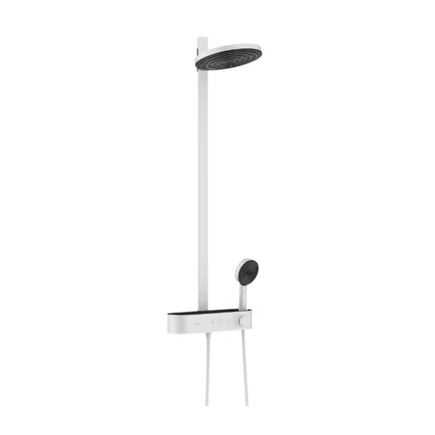HANSGROHE PULSIFY Душевая стойка с термостатическим смесителем, верхним душем Ø260 мм с 2 режимами, ручным душем и шлангом, цвет белый матовый