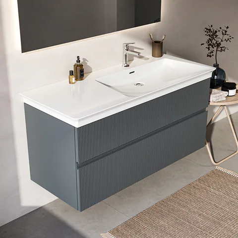 IS Finesse Тумба подвесная 120х50 см. R, 2 ящ. softclose, ручка-паз, без сифона EE23033967,для раковин E2633, E2707, E2697 Ribbed Matt ashblue Lacquer