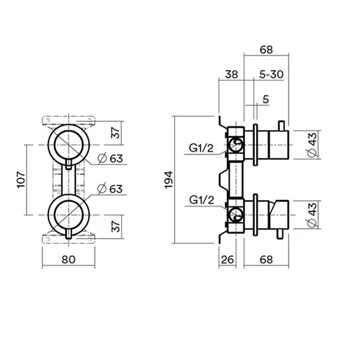 QuadroDesign IN047OC Встроенная часть для смесителя на 2 потока, Light Gold PVD