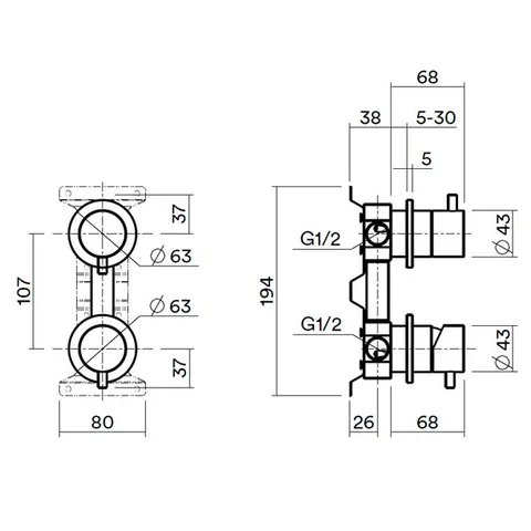 QuadroDesign IN047OR Встроенная часть для смесителя на 2 потока, Pink gold PVD