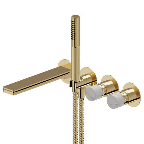 Newform Ionika allure bagno Внешняя часть прогрессивного смесителя для ванны/душа на 2 источника с ручным душем , цвет: PVD glossy gold