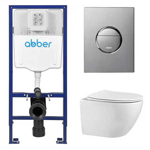 Комплект подвесной унитаз ABBER Bequem AC1100 белый с инсталляцией AC0108 и кнопкой AC0126 хром глянцевый